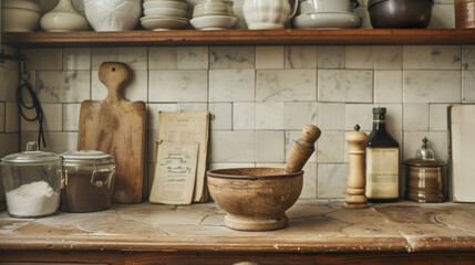 A mortar and pestle on a counter top with jars of spices, AI - obrazy, fototapety, plakaty