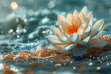 Serene Scene of Turquoise Waves and Lotus with Psychic Aura
