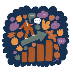 Cartoon vector illustration of Business vision and target, Business woman flying riding on arrow up go to success in career. Concept business, Achievement, Character, Leader over dark background.