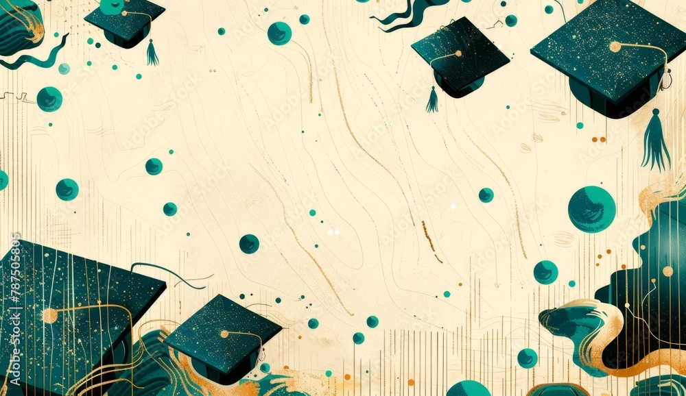 Wall mural A background with gold and black graduation caps, teal bubbles, wood grain texture, white, cream colors, glittery elements, and blank space for text Generative AI - Wall murals