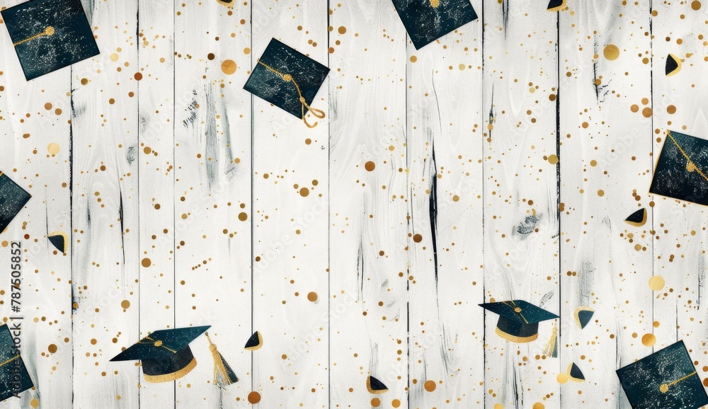 Wall mural A light background with black and gold graduation caps, scattered on the surface of the wood grain, and golden glittering dots floating in white space Generative AI - Wall murals