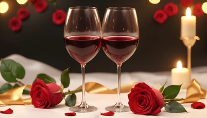 glasses wine, bloomed red rose golden ribbon, romantic theme celebrations of love