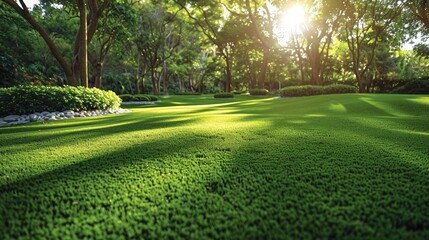 Green Lawn and Trees with Beautiful Background Shrub Shadows on Grassy Lawn with Small Stones in...