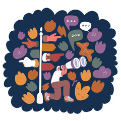 Cartoon vector illustration of Search goal. Right idea and decisions quest, different point of view, business team strategy vision, woman watching binocular, magnifier and spyglass.