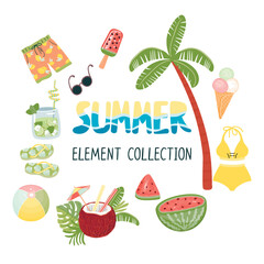 Summer element collection with cartoon cold drinks, watermelon, ice cream, shorts, flip flops, swimsuit, beach ball, palm tree.White background with handwritten.Vector design for use in card,banner.