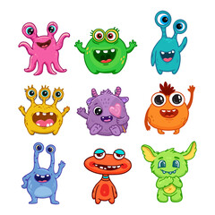 set of cartoon monsters. Cute monsters in doodle style. Kids funny character design for posters, cards, magazins. Line. Flat. Vector