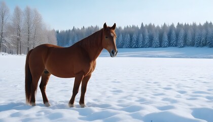  serene and snowy landscape with a single brown horse standing in the snow