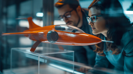 Designers testing a scale model of the aircraft in a wind tunnel for aerodynamic analysis....