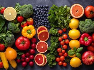 Top view of fruits and vegetables arranged neatly on a table