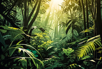 A Sunlight streaming through dense jungle foliage vector art illustration image.
