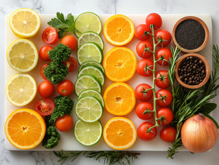 Top view of fruits and vegetables arranged neatly on a table