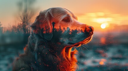 A mesmerizing double exposure that combines the beauty of nature with the grace of a mountain dog.