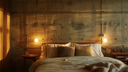 Fototapeta na wymiar As the sun sets the warm glowing lights and the flicker of a few candles create a romantic and intimate ambiance in the bedroom oasis. The raw concrete wall takes on a softer appearance .