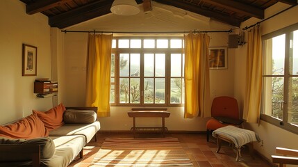 The living room is bathed in warm sunlight. The view from the window is of a beautiful landscape.