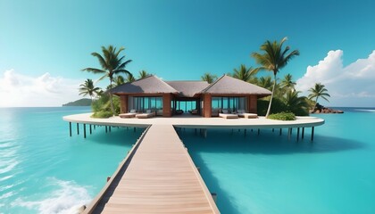  Tropical minimalistic mockup. Luxury panoramic view at exotic resort on turquoise seascape background. villas on beautiful beach on the ocean