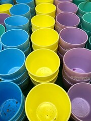 Colorful flower pots in the store