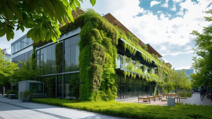 A contemporary office building featuring lush vertical gardens and eco-friendly architecture under a clear blue sky. AIG41 - obrazy, fototapety, plakaty