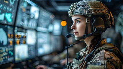 Focused Tactical Communications Officer in High-Tech Ops Center. Concept Tactical Communications, High-Tech Operations, Focused Officer, Strategic Planning, Emergency Response - obrazy, fototapety, plakaty