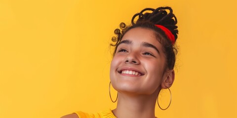 A bright, cheerful Hispanic teenager with a captivating smile, clad in a sunny yellow outfit, radiates joy and optimism against a vivid yellow backdrop.