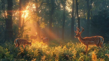 A secluded forest clearing is bathed in the soft light of dawn, casting a warm glow over the fern-covered ground. A family of deer grazes peacefully among the trees, their delicate forms illuminated b