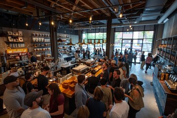 Crowded Cafe Interior at Popular Coffee Roastery Debut