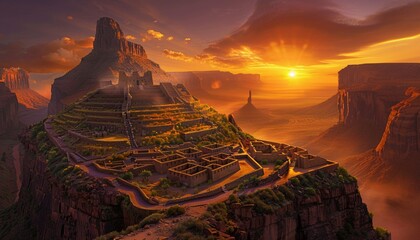 A Majestic Sunset Behind The Ruins of Machu Picchu in Monument Valley - obrazy, fototapety, plakaty