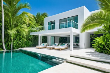 Fototapeta premium Tropical Oasis. Serene poolside view at a luxurious villa, framed by lush green palms and a contemporary white staircase.