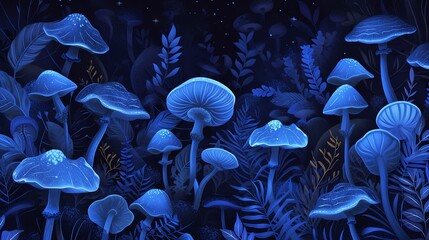 Glowing blue mushrooms in a dark forest. The mushrooms are of various sizes and shapes, and they emit a soft, blue light.