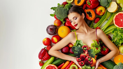 Woman in a dress of fresh fruits and vegetables, symbolizing natural beauty and health, ideal for wellness brands