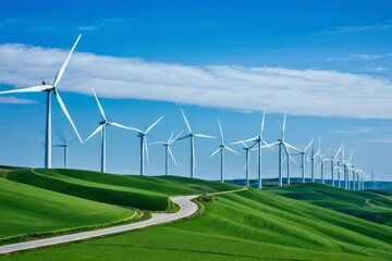 Breezy Beauty: Tranquil wind farm enhancing the beauty of green hills under the embrace of a radiant blue sky. The concept of using alternative energy sources.