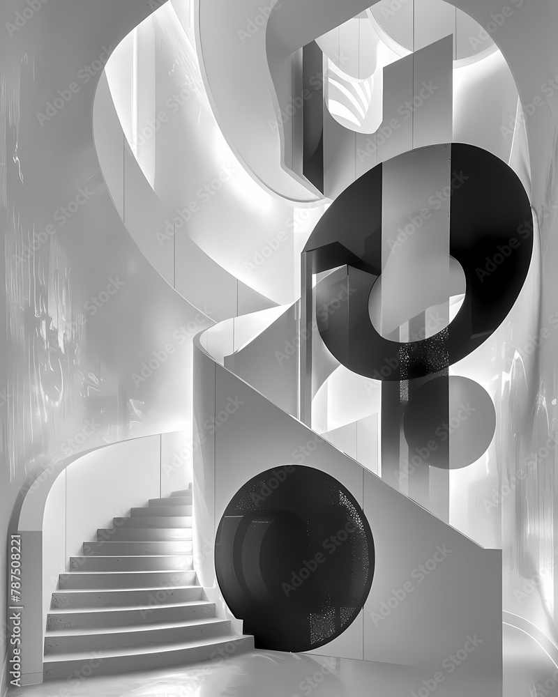Poster modern abstract artwork featuring geometric shapes and fluid curves in black and white, depicting a 