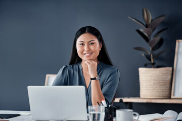Office, laptop and portrait of business Asian woman for working on proposal, online project and...