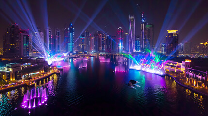 In Dubai's iconic skyline, a dazzling spectacle unfolds as a swarm of drones takes to the night sky, their synchronized movements tracing intricate patterns of light and color. - obrazy, fototapety, plakaty