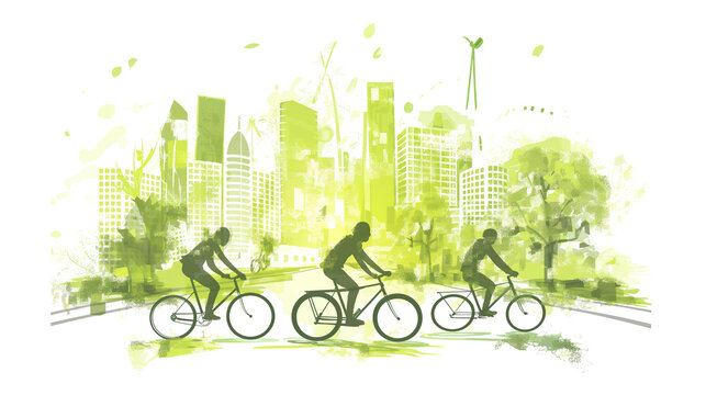 A group of people riding bicycles in front, an urban cityscape with symbols of green energy and clean air in the background