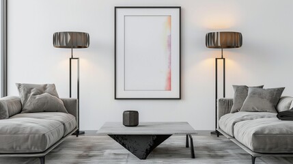 An ultra-modern living room design with a focus on a mock-up poster frame centered on a clean, white wall, flanked by two contemporary, matte black standing lamps.