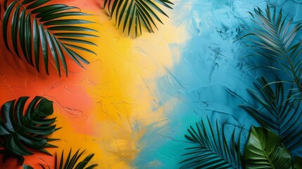 Fototapeta na wymiar Palm Leaves on Blue and Yellow Background