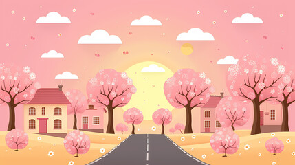 Vibrant Spring Background Art with Road, Trees, Houses and Copy Space
