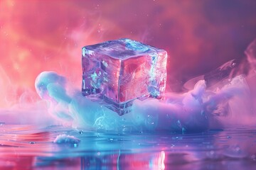 Vibrant ice cube on colorful background