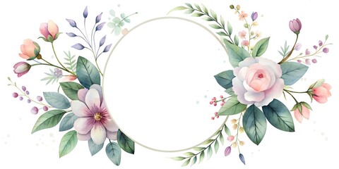 Fototapeta premium circle empty frame with flowers around. mockup