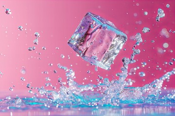 Ice cube levitating on colorful background
