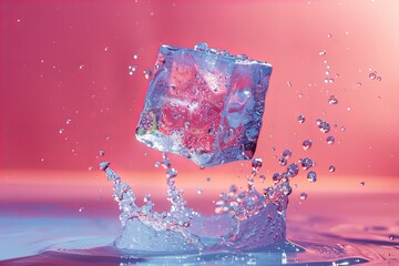 Vibrant ice cube on colorful background