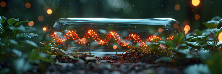 Glowing red DNA helix inside transparent capsule,
Enchanted Candlelight in Forest Jar Setting
