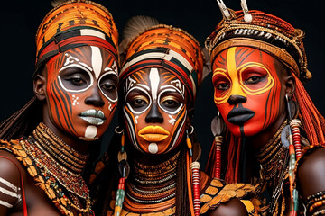 A group of women with painted faces and colorful clothing.