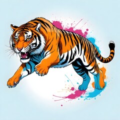 Roaring Tiger on Splattered Paint Canvas