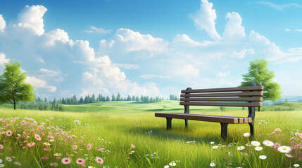 Beautiful spring summer natural landscape. Wooden bench on green meadow grass background with blooming flowers, trees, hills, blue sky and clouds on warm sunny day. Colorful bright nature wallpaper. - obrazy, fototapety, plakaty
