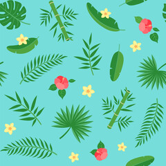 Tropical leaves and flowers summer seamless pattern. Fan palm leaves, bamboo stem and leaves, hibiscus and plumeria flowers. Hawaiian shirt fabric repeat design.