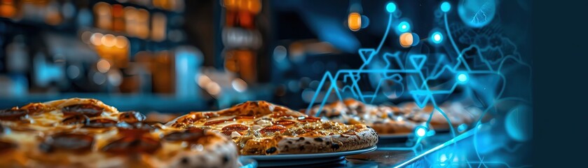 An array of pizza varieties stretched across the counter, from smoky margheritas to spicy pepperonis, each slice a masterpiece, closeup - obrazy, fototapety, plakaty