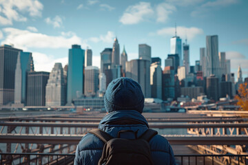 The Back of a Person Viewing the City Skyline from a Bridge, Capturing the Stunning Urban Beauty in a Single Glance