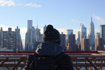The Back of a Person Viewing the City Skyline from a Bridge, Capturing the Stunning Urban Beauty in a Single Glance