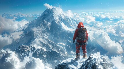 A striking image of a mountaineer at the summit, the vast landscape behind them underscoring the...